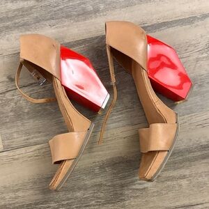 Red Heeled Suede & Leather Heels, UNIQUE VINTAGE ARTIST-MADE 
Tan and Red